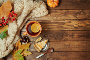 autumn flat lay on wooden planks