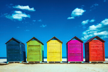 Colorful wooden changing huts on a beach, with nice background of clear blue sky on the coast.
