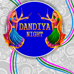 vector illustration of people performing Garba dance on poster banner design for Dandiya Night