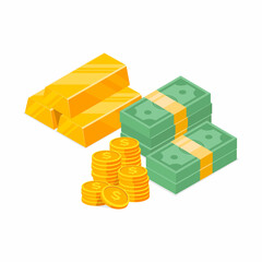 Stack of cash flat style isometric view. Gold bar coins pile, Dollar Bundle with dollar sign. Cash money vector illustration.