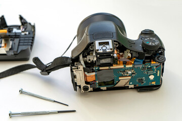 The camera is disassembled. repair of digital camera.