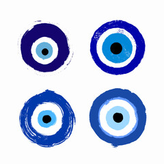 Set of grunge hand drawn Turkish evil eye. Mandala greek evil eye. Symbol of protection in Greece, Cyprus. Amulet from evil eye. Vector blue Turkish fatima's eye. Magic item, attribute illustration.