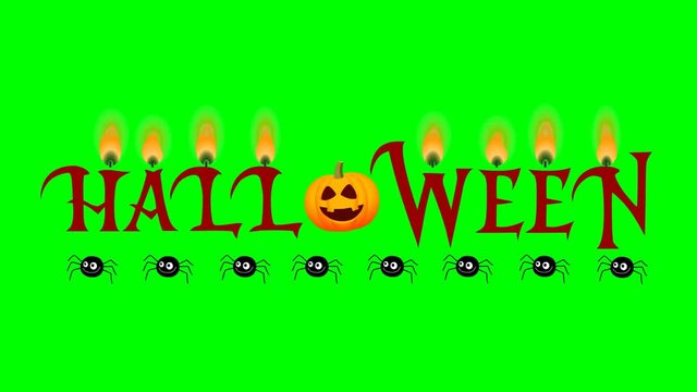 On a transparent background, the word Halloween, in the middle of the word is a smiling pumpkin, and the candle lights above the letters are gradually lit.Below Halloween is a row of smiling spiders