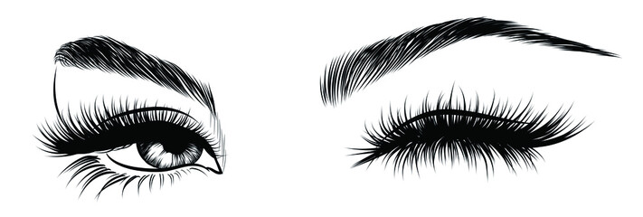 Sexy winking luxurious eye with perfectly shaped eyebrows and full lashes. Idea for business visit card, typography vector. Perfect salon look.