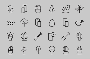 A set of Rosteniya Icons, and garden care, Vector illustration, Contains Icons such as tree, cactus, watering can, spade, flower and much more. on a white background, editable bar 480x480