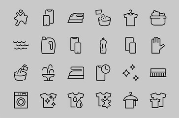 Simple set of washing related vector line Icons. Contains icons such as washing machine, powder, laundry, dirty t-shirt and much more. On a white background, editable stroke. 48x48 pixels perfect