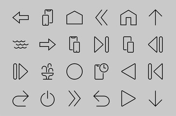 Set of line arrows, directions, arrows, contains icons such as pause, continuation, directly, to the right, Editable stroke. 480x480, On a white background, Vector illustration