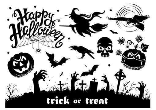 Halloween greeting card elements. Scary black and white pictures for the decoration of the holiday. Vector on transparent background
