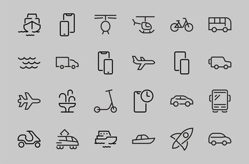 Set of public transport related vector line icons. Contains icons such as bus, bike, suitcase, car, scooter, truck, transport, trolley bus, sailboat, motor boat, plane and much more. Editable stroke.