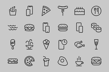 A simple set of fast food icons related to the vector line. Contains icons such as pizza, burger, sushi, bike, scrambled eggs and more. EDITABLE stroke. 480x480 pixels perfect, EPS 10