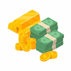 Stack of cash symbol flat style isometric view. Gold Bar Pile, Dollars Bundles, Gold coins with dollar sign. Money, Dollar, Pile, Gold Coins. Money vector illustration.
