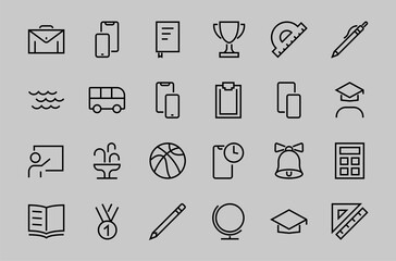 A simple set of school items. Contains icons such as student, award, geography, physical education, geometry and more. On white background. Editable stroke. 480x480