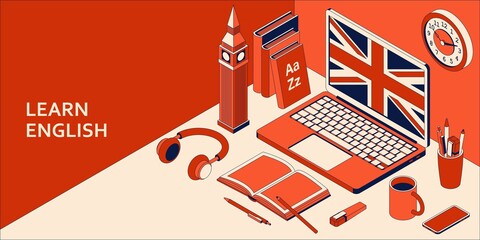 Learn English isometric concept with open laptop, books, headphones, and coffee. Vector illustration