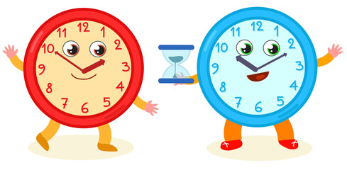Two funny clocks with cartoon smiling face, illustration for little kids