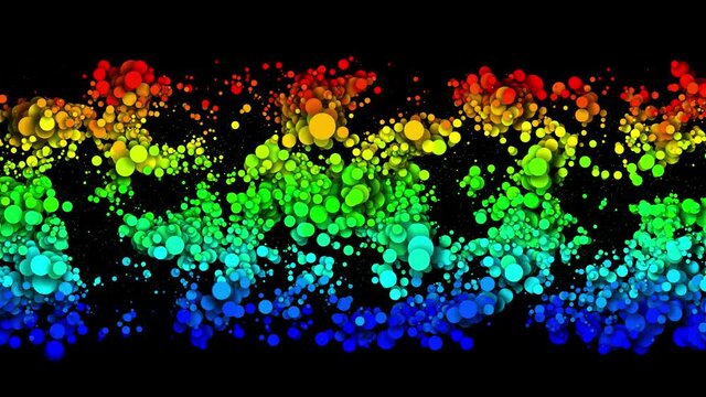 Circles decrease and increase in waves. 4k looped seamless abstract background. Gradient rainbow color on particles like paint bubbles or dye droplets in water in flat style. Luma matte 10