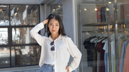 Lifestyle of yellow-white Asian women in fashionable dress, Beauty and fashion model with natural makeup, Beauty trends and modern accessories, fashion concept.