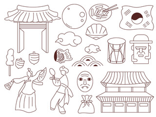 Set of doodles korea element design. Traditional culture, food, historical building. Set of doodles korea element design. Traditional culture, food, historical building. doodle set vector illustration