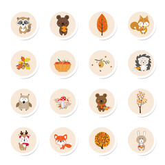 Obraz premium A set of round icons with forest animals.Vector illustration of a flat design.