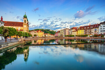 Famous city and historic city center view of Lucerne with famous Chapel Bridge and lake Lucerne (Vierwaldstattersee), Canton of Lucerne, Switzerland
