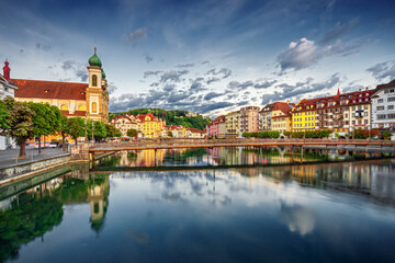 Famous city and historic city center view of Lucerne with famous Chapel Bridge and lake Lucerne (Vierwaldstattersee), Canton of Lucerne, Switzerland
