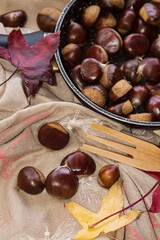 Obraz premium chestnuts in the pan to be roasted in autumn