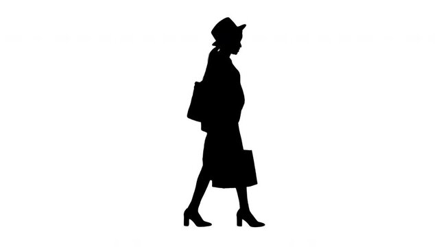 Happy african american woman in hat and knitwear walking with shopping bags, Alpha Channel