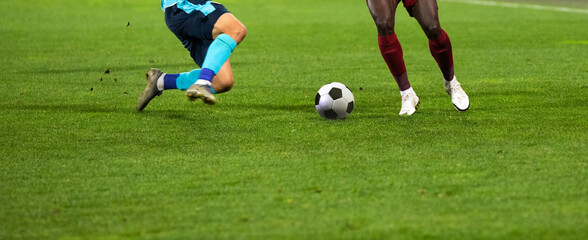 Obraz premium banner of soccer game players fighting for football