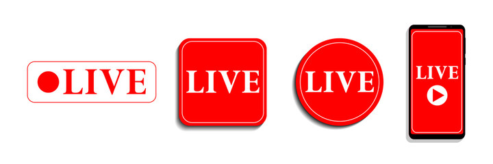 Set of live icons. Red symbols and buttons of live streaming, broadcasting, online stream. Template for tv, shows, movies and live performances. Vector illustration.