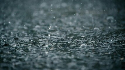 Super slow motion close up of rain hitting a puddle during a suburban storm. - Powered by Adobe