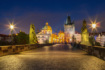 Prague old town and Charles bridge at sunrise, Czech Republic
