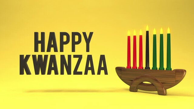 Happy Kwanzaa holiday greeting. 3D Animated letters popping on to screen with candles on candelabra. 