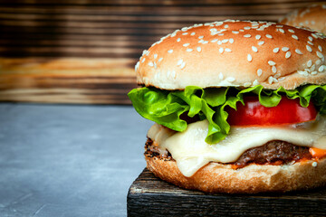  Large burger with cheese close-up, photo with copyspace