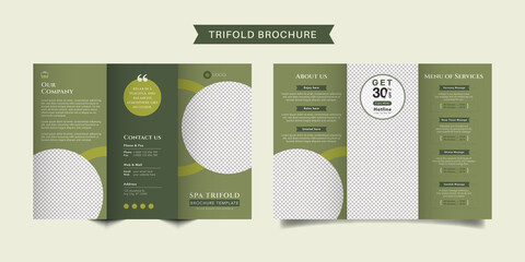 Spa business trifold brochure template. Modern, Natural and Professional tri fold brochure vector design. Simple and minimalist promotion layout.