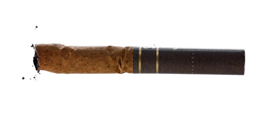 Burning cigarette isolated on white background close up