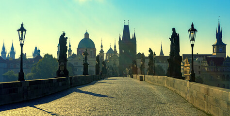 Prague old town and Charles bridge at sunrise, Czech Republic
