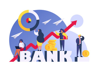 Bank people investing money, finance and economy concept flat vector illustration. Businessman with bank charts growing up, wealth. Cash money investments. Credits, commerce success.