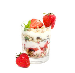 Muesli with yogurt and fresh strawberries isolated on white background