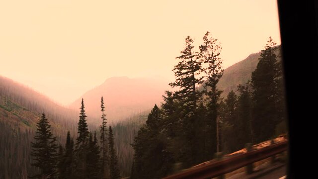 Ash floating in the sky and mixing with night mist in Yellowstone National park.
