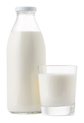 Glass bottle and cup of fresh milk isolated