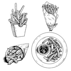 French fries set. Hand drawn sketch style illustrations of street fast food. French fries in paper box, in craft paper cone and on plate, top view. Best for packages and restaurant menu. 