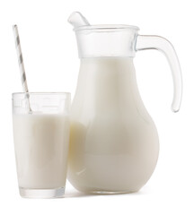 Glass jar and cup of fresh milk isolated