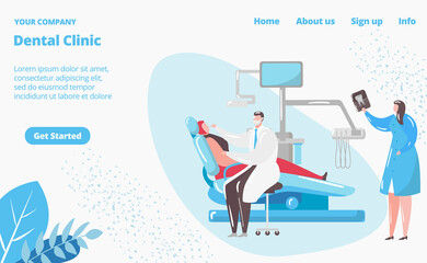 Dental care clinic, dentistry website, landing page vector illustration. Dentist caring for patients toth in his office, teeth treatment hospital. Medical oral healthcare web site template.