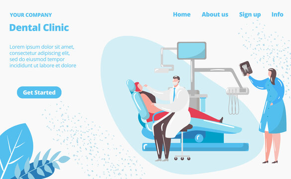 Dental care clinic, dentistry website, landing page vector illustration. Dentist caring for patients toth in his office, teeth treatment hospital. Medical oral healthcare web site template.