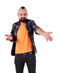 Young hispanic man pointing at something with disdain
