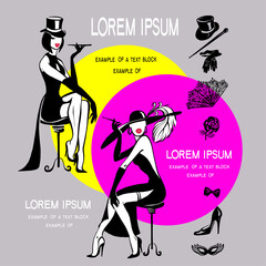 Vector drawing for poster, banner. Graceful beautiful girls in evening dresses. Cabaret, musical hall, show, party. With space for text