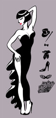 Vector cartoon. Graceful beautiful girl in an evening dress. Cabaret, show, music hall, party. Isolated. Black and white graphics.