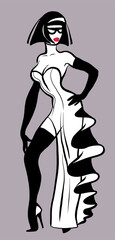 Vector cartoon. Graceful beautiful girl in an evening dress. Cabaret, show, music hall, party. Isolated. Black and white graphics.