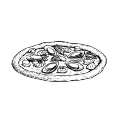 Hand drawn sketch style pizza Frutti di mare. Fresh baked traditional italian pizza with seafood. Best for packaging, menu for restaurants and delivery. Vector illustration isolated on white.