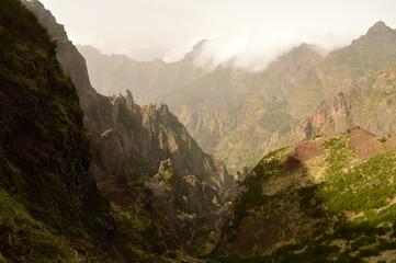 The misty and dramatic mountain landscape on Madeira Island in Portugal