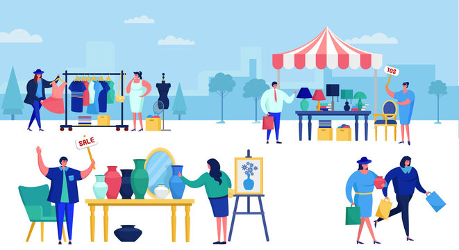 Flea market filled with people out shopping vector illustration. Retro and vintage fashion old clothing sale. Garage sale. Street stalls with second hand things. Flea market shopping.